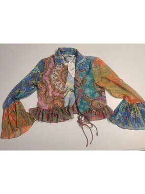 ZARA TIED RUFFLED PATCHWORK BOHO BLOUSE SIZE XS 3166/238